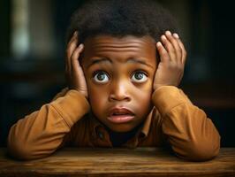 africano niño en emocional dinámica actitud en colegio ai generativo foto