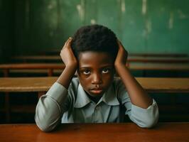 African kid in emotional dynamic pose in school AI Generative photo