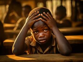 African kid in emotional dynamic pose in school AI Generative photo