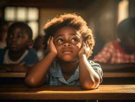 African kid in emotional dynamic pose in school AI Generative photo