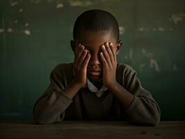 African kid in emotional dynamic pose in school AI Generative photo