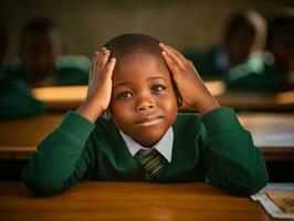 African kid in emotional dynamic pose in school AI Generative photo