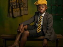 African kid in emotional dynamic pose in school AI Generative photo