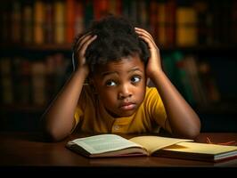 African kid in emotional dynamic pose in school AI Generative photo