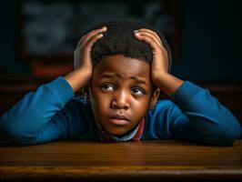 African kid in emotional dynamic pose in school AI Generative photo