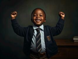 African kid in emotional dynamic pose in school AI Generative photo