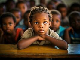 African kid in emotional dynamic pose in school AI Generative photo