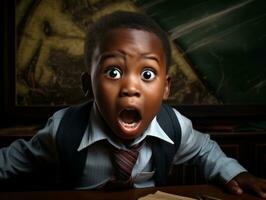 African kid in emotional dynamic pose in school AI Generative photo