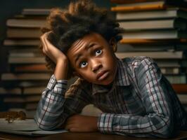 African kid in emotional dynamic pose in school AI Generative photo