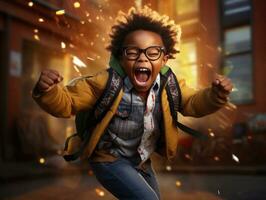 African kid in emotional dynamic pose in school AI Generative photo