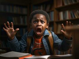 African kid in emotional dynamic pose in school AI Generative photo