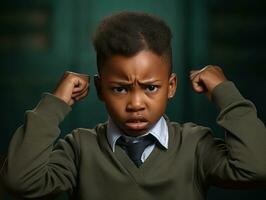 African kid in emotional dynamic pose in school AI Generative photo