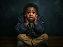 African kid in emotional dynamic pose in school AI Generative photo