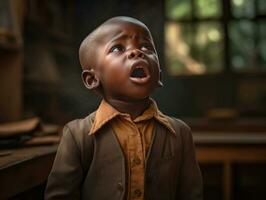 African kid in emotional dynamic pose in school AI Generative photo