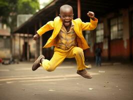 African kid in emotional dynamic pose in school AI Generative photo