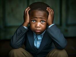 African kid in emotional dynamic pose in school AI Generative photo