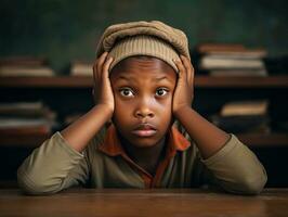 African kid in emotional dynamic pose in school AI Generative photo