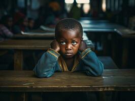 African kid in emotional dynamic pose in school AI Generative photo