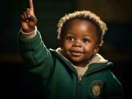 African kid in emotional dynamic pose in school AI Generative photo