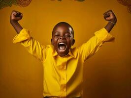 African kid in emotional dynamic pose in school AI Generative photo