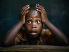 African kid in emotional dynamic pose in school AI Generative photo