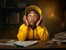 African kid in emotional dynamic pose in school AI Generative photo