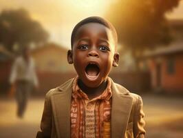 African kid in emotional dynamic pose in school AI Generative photo