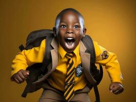 African kid in emotional dynamic pose in school AI Generative photo