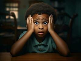 African kid in emotional dynamic pose in school AI Generative photo