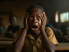 African kid in emotional dynamic pose in school AI Generative photo