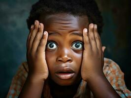 African kid in emotional dynamic pose in school AI Generative photo