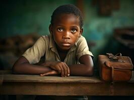 African kid in emotional dynamic pose in school AI Generative photo