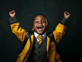 African kid in emotional dynamic pose in school AI Generative photo