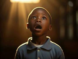 African kid in emotional dynamic pose in school AI Generative photo