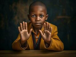 African kid in emotional dynamic pose in school AI Generative photo