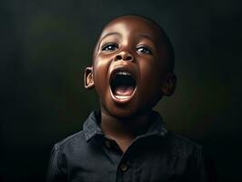 African kid in emotional dynamic pose in school AI Generative photo