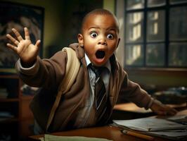 African kid in emotional dynamic pose in school AI Generative photo