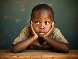 African kid in emotional dynamic pose in school AI Generative photo