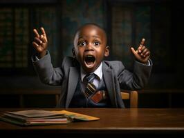 African kid in emotional dynamic pose in school AI Generative photo