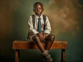 African kid in emotional dynamic pose in school AI Generative photo