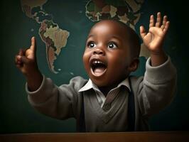African kid in emotional dynamic pose in school AI Generative photo