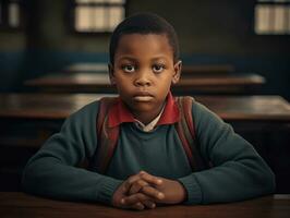 African kid in emotional dynamic pose in school AI Generative photo