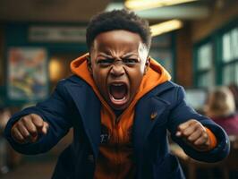 africano niño en emocional dinámica actitud en colegio ai generativo foto