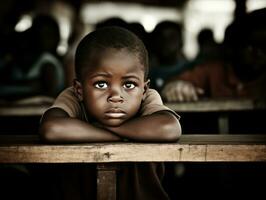 African kid in emotional dynamic pose in school AI Generative photo