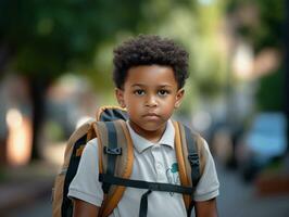 African kid in emotional dynamic pose in school AI Generative photo