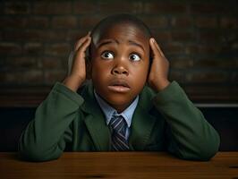 African kid in emotional dynamic pose in school AI Generative photo