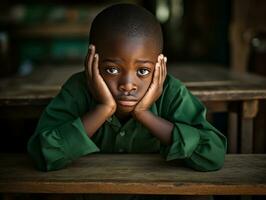 African kid in emotional dynamic pose in school AI Generative photo