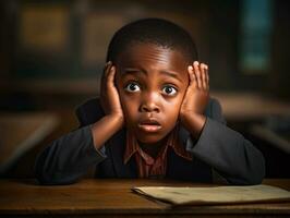 African kid in emotional dynamic pose in school AI Generative photo