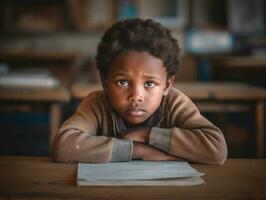 African kid in emotional dynamic pose in school AI Generative photo