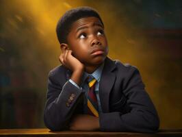 African kid in emotional dynamic pose in school AI Generative photo